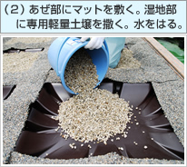 (2)あぜ部にマットを敷く。湿地部に専用軽量土壌を撒く。水をはる。 (2)あぜ部にマットを敷く。湿地部に専用軽量土壌を撒く。水をはる。